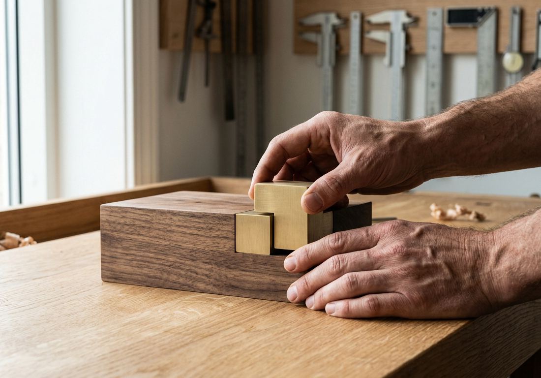 Mãos de artesão encaixando peças geométricas de nogueira escura e latão escovado sobre bancada de madeira clara, com instrumentos de medição desfocados ao fundo.