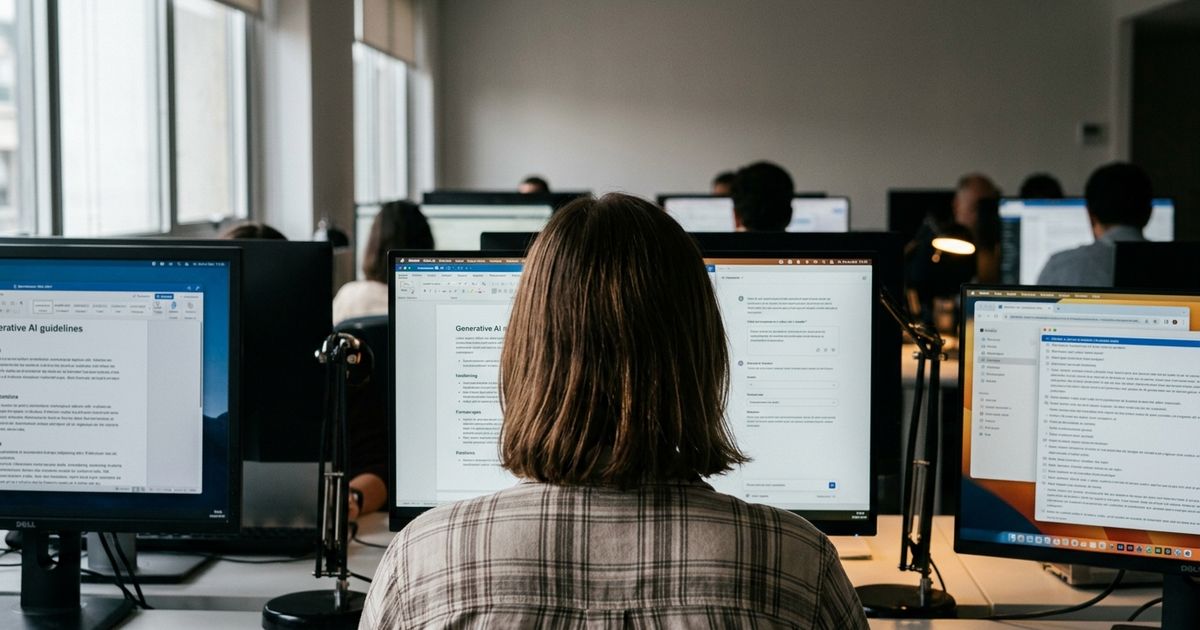 Mesa de redação jornalística com múltiplos monitores exibindo documentos digitais e linhas de código desfocadas, com xícara de café e teclado em primeiro plano sob iluminação natural.