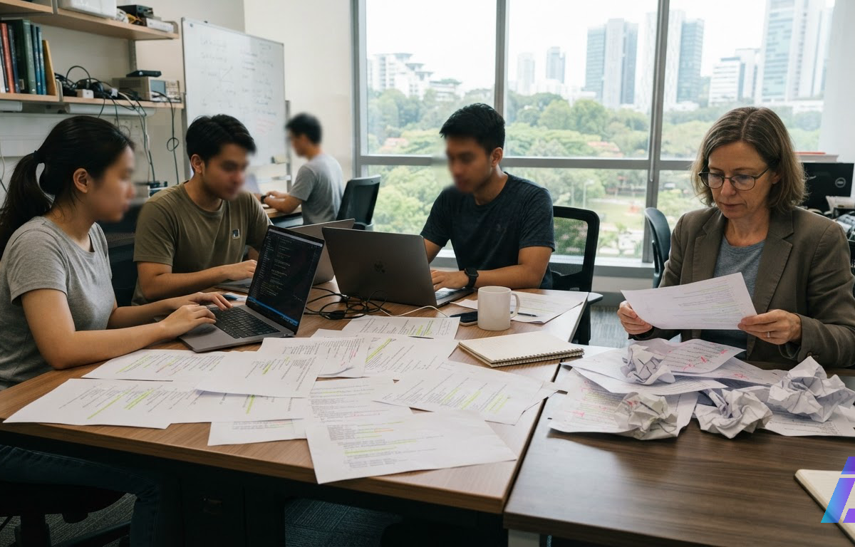 Jovens programadores analisam folhas impressas com variações de código sobre uma mesa, enquanto uma consultora mais experiente examina uma pilha separada de tentativas descartadas, em sala de pesquisa universitária iluminada por luz natural