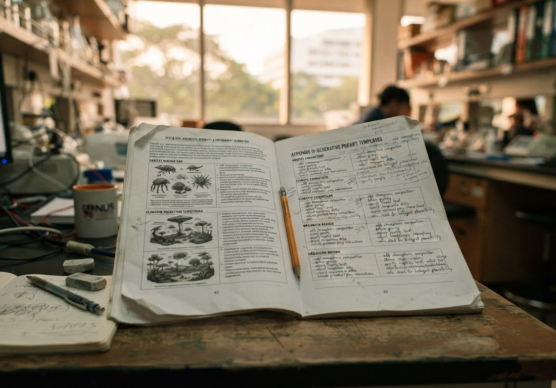 Paper impresso e encadernado aberto sobre bancada de laboratório, com páginas de templates de prompt anotadas a lápis, iluminado pela luz suave do fim da tarde