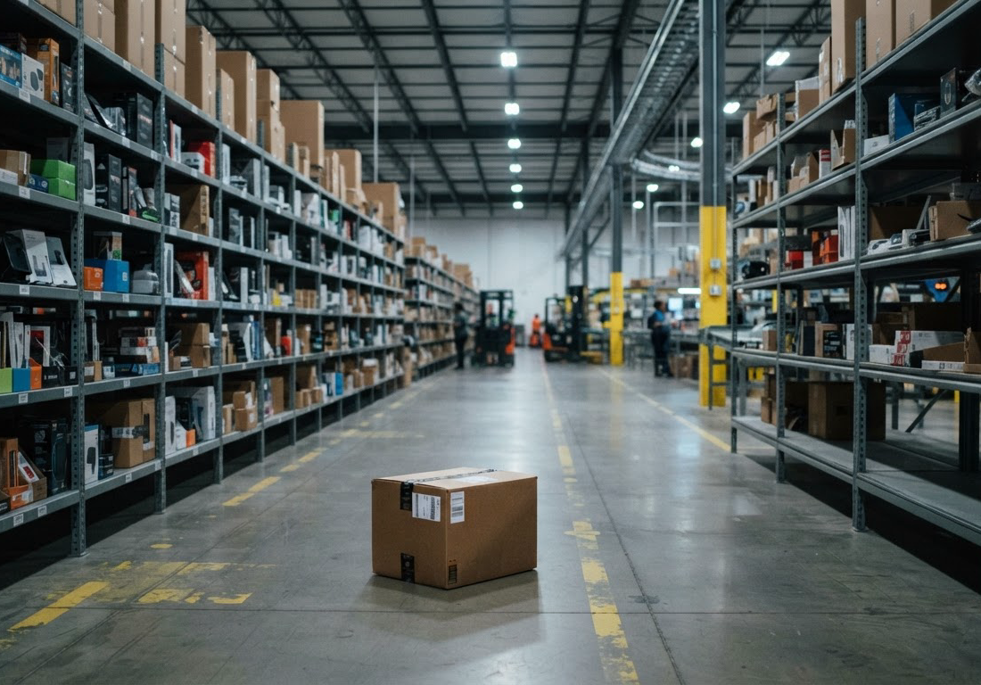 Corredor de centro de distribuição com uma única caixa de papelão separada para envio no chão, cercada por prateleiras altas cheias de produtos intocados, sob luz fria de galpão