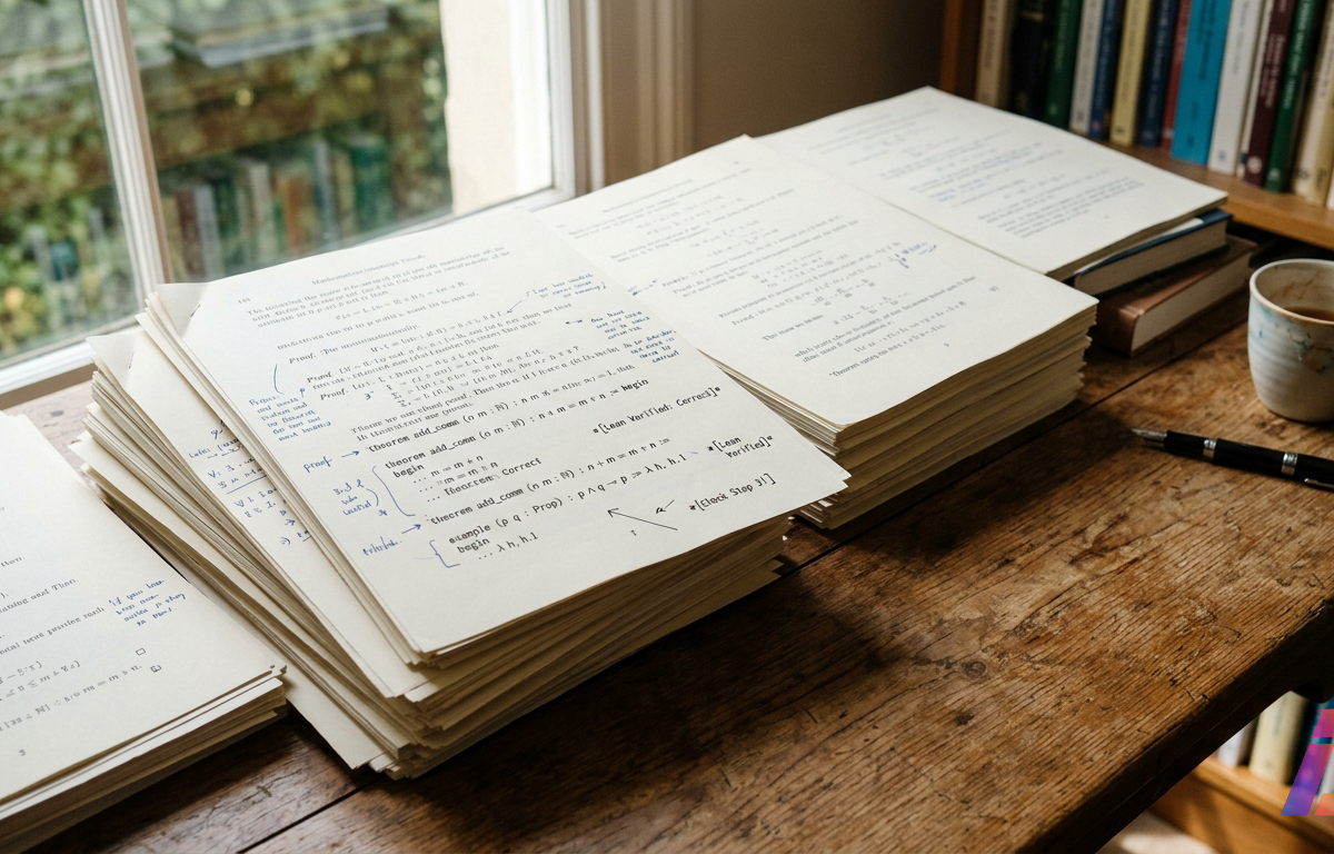 Manuscritos matemáticos impressos empilhados sobre uma escrivaninha de madeira, com páginas de provas anotadas à margem e trechos em linguagem Lean verificados, iluminados por luz natural suave vinda de uma janela.