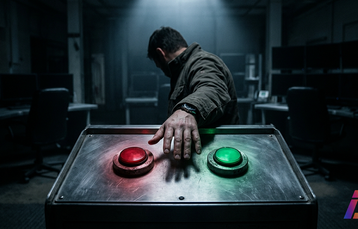 Sala de controle escura com painéis eletrônicos desligados ao fundo; sob um único facho de luz fria, uma pessoa de costas, ombros curvados, sentada diante de um console metálico com dois grandes botões físicos, um vermelho e um verde, com a