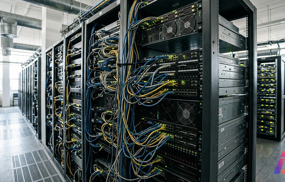 Racks metálicos de servidores em centro de processamento de dados com cabos de rede conectados e luzes indicadoras de atividade acesas.