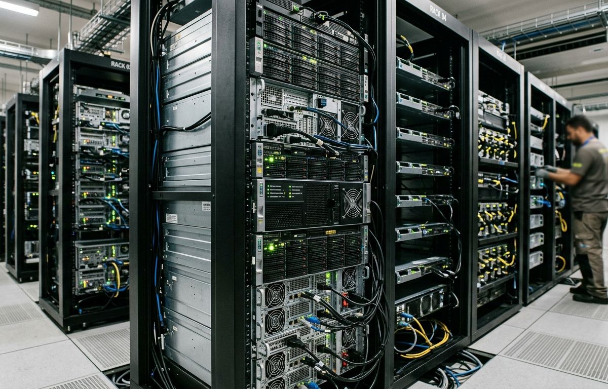 Corredor de data center moderno com racks de servidores em perspectiva, cabos organizados e pequenas luzes indicadoras de status ativas.