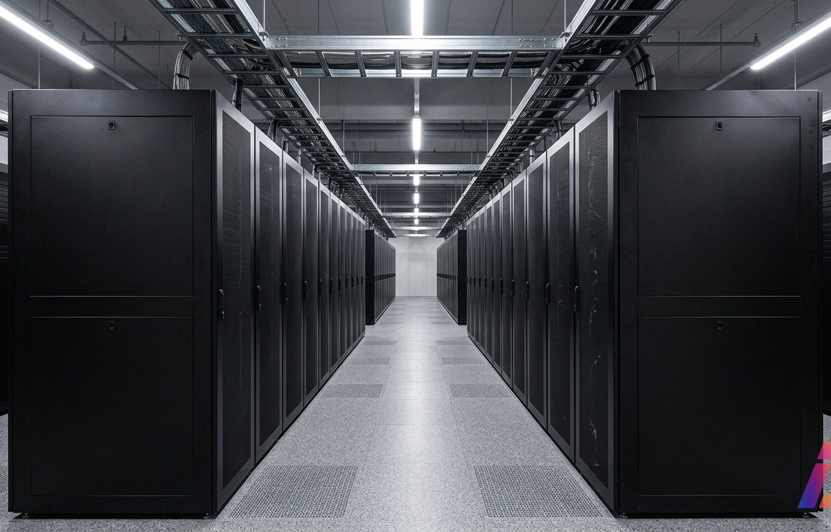 Corredor simétrico de data center com racks metálicos pretos de alta densidade e esteiras de cabos estruturados sob piso elevado cinza.