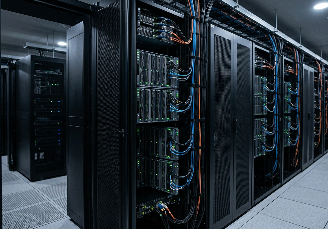 Corredor de data center de grande escala com fileiras de racks metálicos pretos, módulos de servidores e cabos de fibra óptica organizados sob iluminação funcional