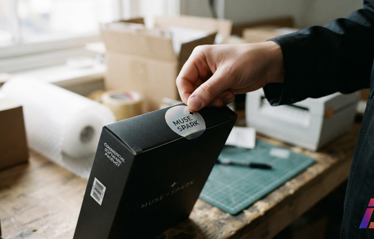 Mão aplicando um selo adesivo na embalagem de um produto de software sobre uma bancada de expedição, iluminada por luz lateral suave