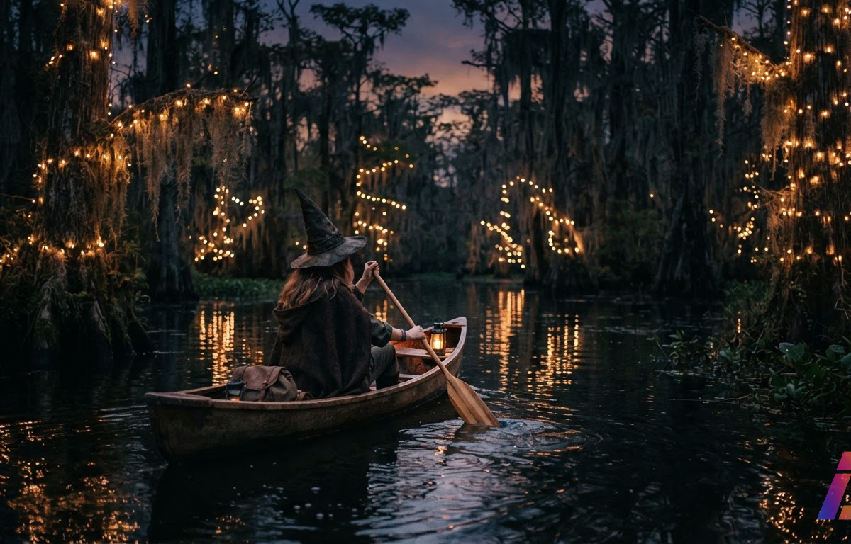 Jovem bruxa de chapéu pontudo rema uma canoa por um bayou entre ciprestes cobertos de musgo pendente e enfeitados com luzes de Natal, ao entardecer