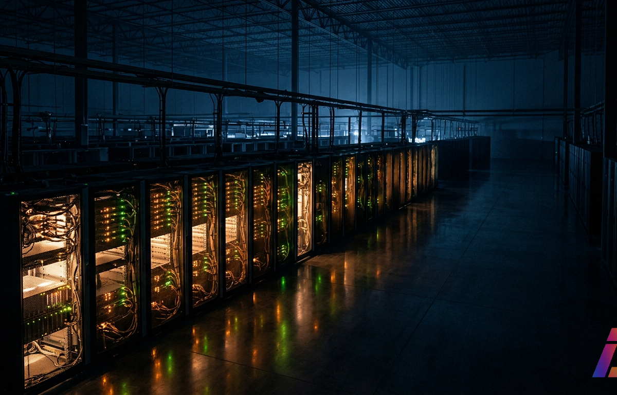 Nave imensa de centro de dados com longas fileiras de racks de servidores apagados na penumbra azul-fria, atravessadas por um único corredor estreito de gabinetes acesos com LEDs âmbar e verdes, cuja luz quente reflete no piso polido entre