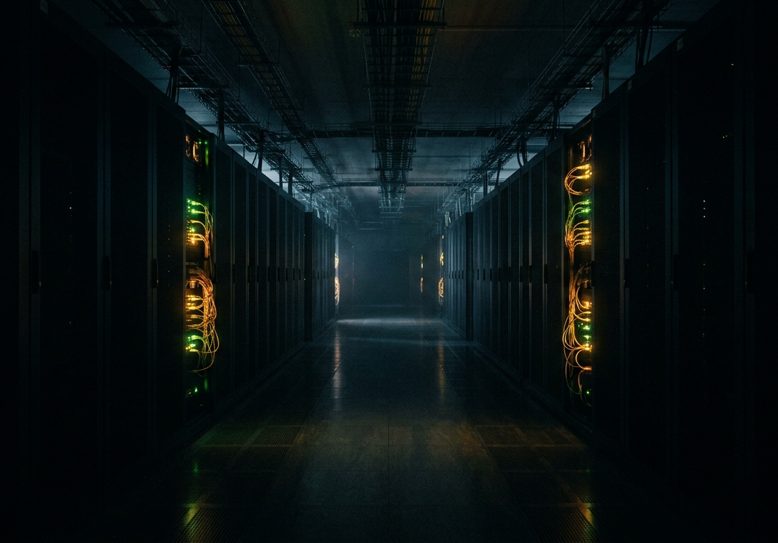 Corredor simétrico de datacenter com dezenas de racks de servidores escuros e desligados dos dois lados; poucos gabinetes isolados trabalham, com LEDs verdes e âmbar pulsando, ventiladores e cabos de fibra âmbar, iluminando o ambiente azula