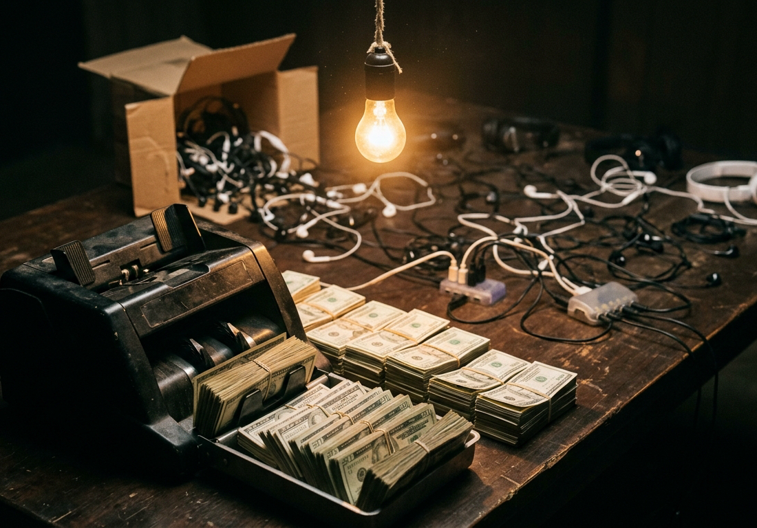 Fotografia em tom de thriller documental mostra uma sala fechada e sem janelas, iluminada apenas por uma lâmpada quente pendurada baixa sobre uma mesa escura. No primeiro plano, uma máquina contadora de cédulas empilha maços de notas verdes