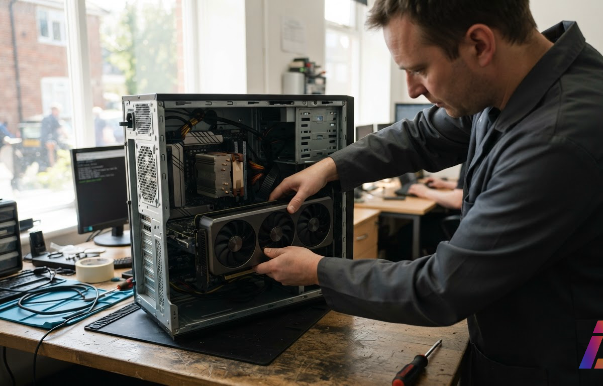 Técnico encaixa uma placa de vídeo no gabinete aberto de um computador, sobre uma mesa de escritório iluminada por luz natural de janela