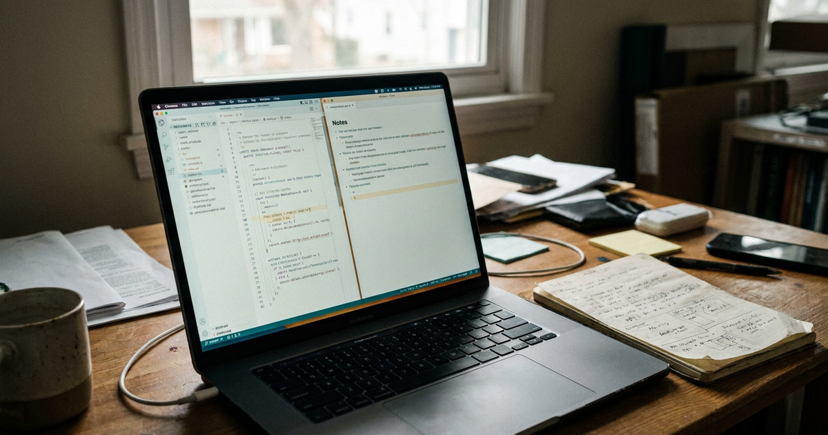 Notebook com editor de código aberto e arquivo de anotações de projeto ao lado em mesa de trabalho
