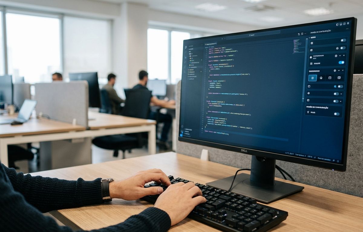 Pessoa programando diante de um monitor com janelas de código e painéis modulares em um ambiente de trabalho bem iluminado.