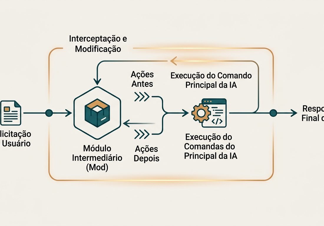 Diagrama esquemático em fundo claro ilustrando um fluxo de processamento, onde um módulo intermediário intercepta dados antes e depois da execução principal, com conectores em azul-petróleo e detalhes em âmbar.