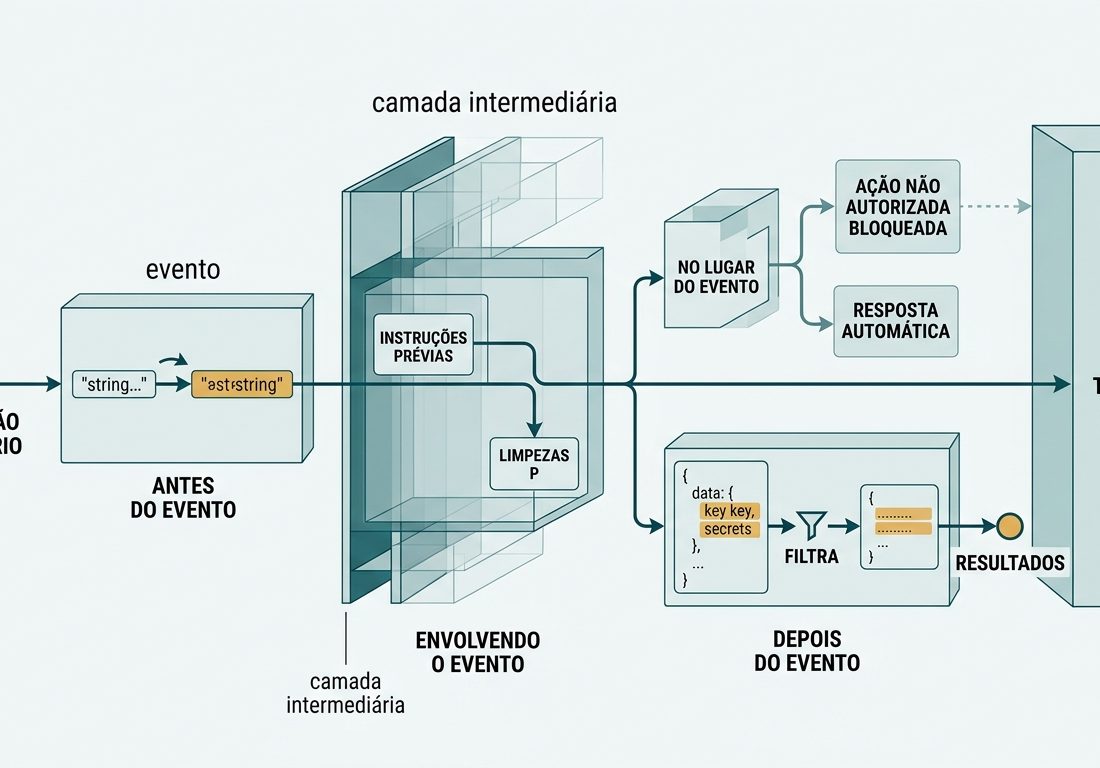 Diagrama esquemático e minimalista sobre fundo claro com blocos e setas conectadas, ilustrando a interceptação e filtragem de comandos por uma camada intermediária antes da execução final.
