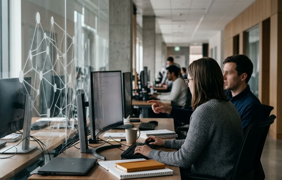 Profissionais colaborando diante de monitores em escritório iluminado, com projeções discretas de conexões em rede ao fundo