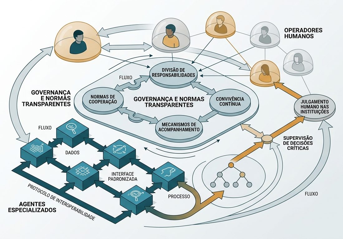 Diagrama esquemático em fundo claro com blocos interconectados em tons de azul-petróleo e âmbar, ilustrando fluxos de trabalho coordenados entre operadores e módulos especializados sob camadas de controle.