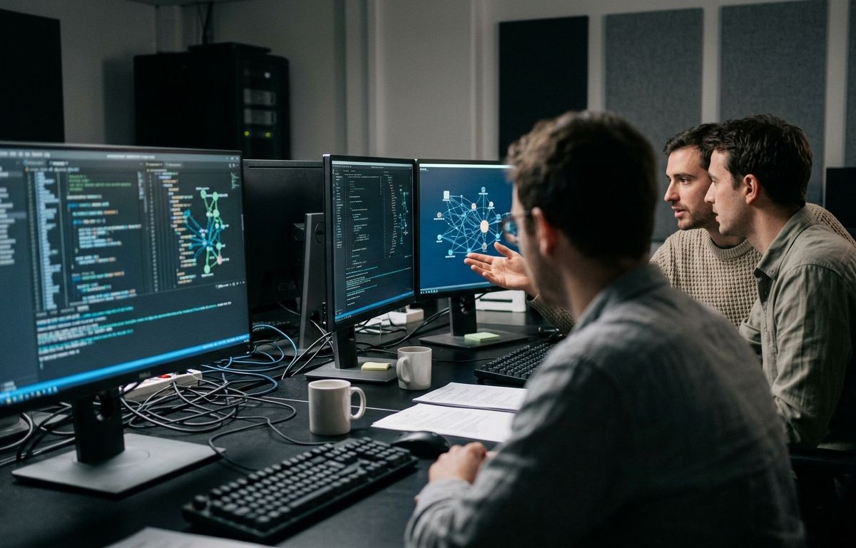 Pesquisadores reunidos em ambiente de trabalho iluminado observam monitores que exibem diagramas de nós interconectados e fluxos visuais de processos.