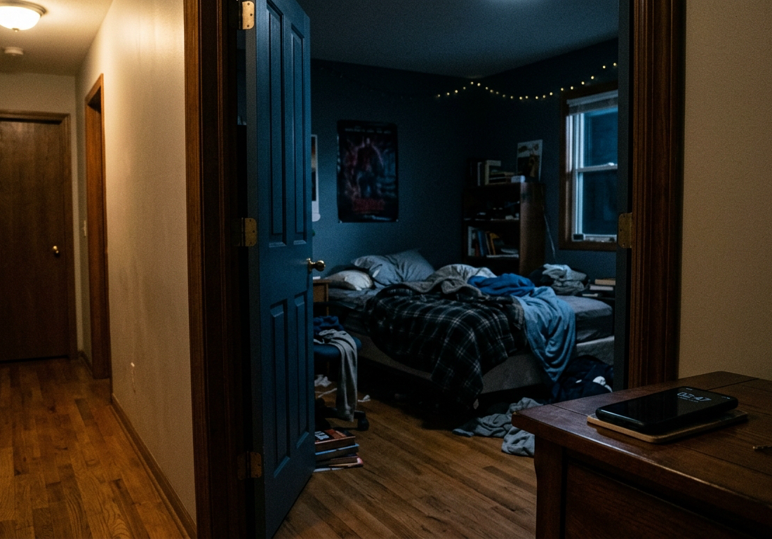 Fotografia noturna de cozinha doméstica mostra, em primeiro plano, um smartphone desligado sobre a bancada ao lado de um copo de água pela metade e um chaveiro; ao fundo, corredor mal iluminado com porta fechada de quarto deixando escapar f