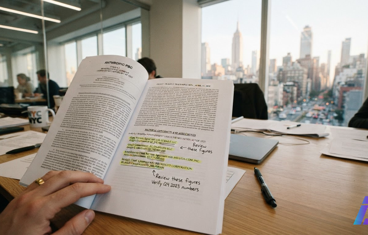 Documento impresso com trechos grifados sobre uma mesa de escritório iluminada pela luz da manhã, com janela ao fundo voltada para prédios de Nova York