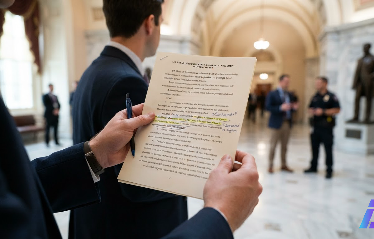Mãos de assessor seguram rascunho impresso de projeto de lei com trecho grifado em amarelo, em corredor do Capitólio iluminado por luz natural