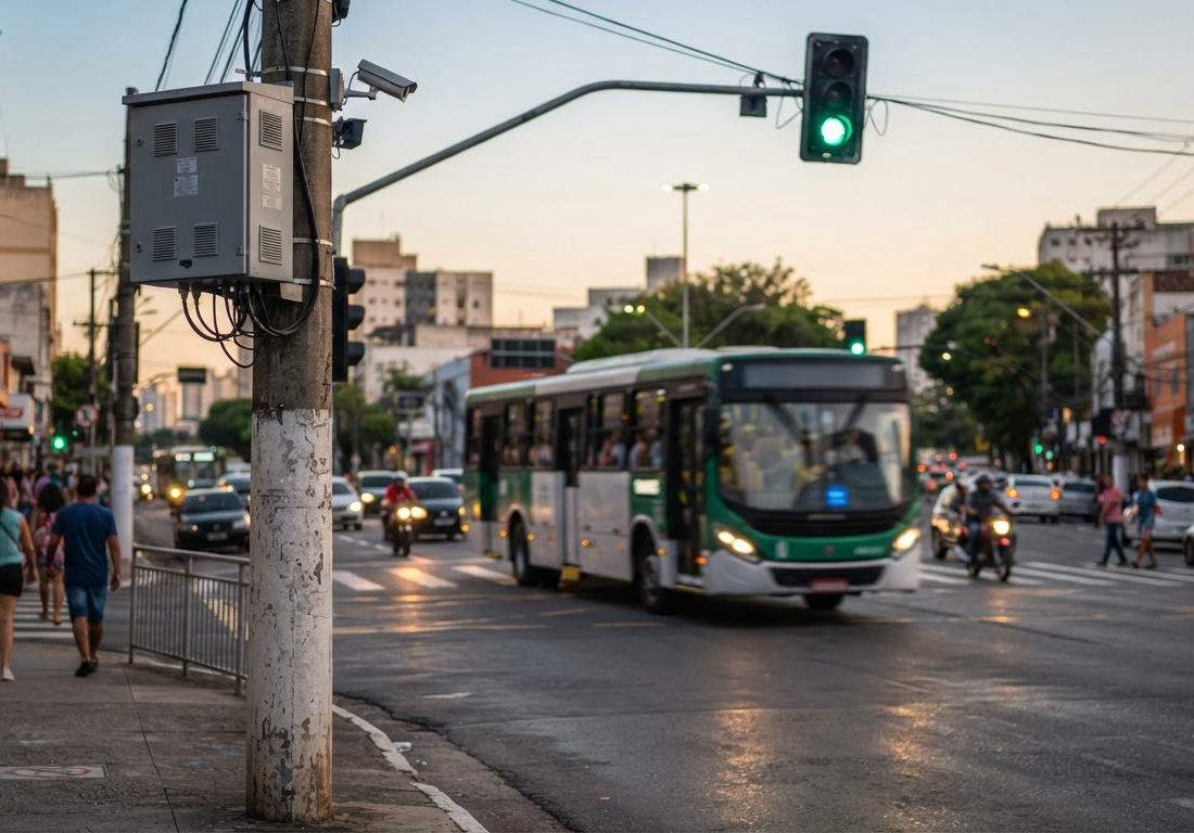 Caixa metálica de processamento presa a um poste de semáforo, com uma câmera voltada para o cruzamento, enquanto o sinal verde se acende para um ônibus que avança por uma avenida ao entardecer