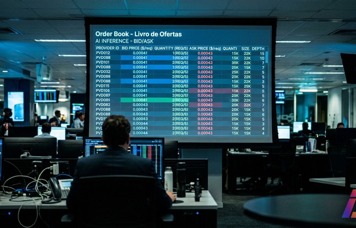 Corredor simétrico de data center visto em grande angular, com fileiras paralelas de racks de servidores apagados emitindo diodos azul-gelo sobre piso polido refletivo; no centro exato, um único rack aceso em âmbar quente pisca em atividade