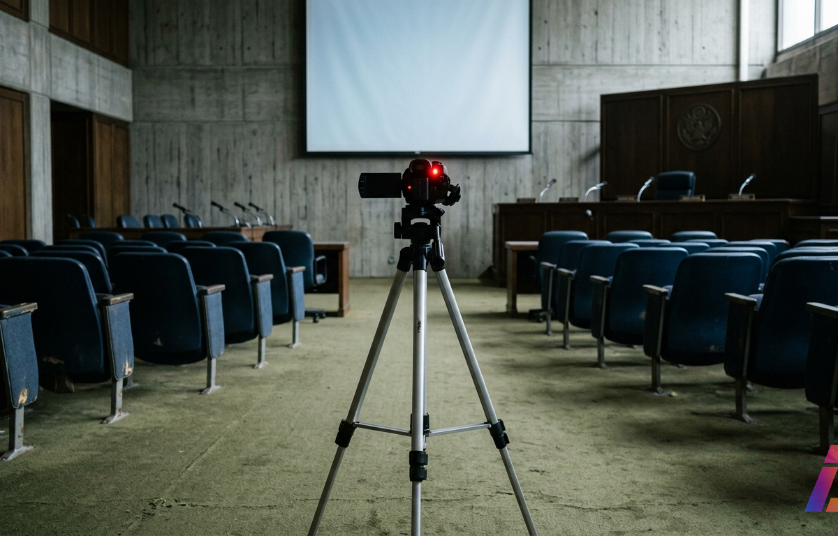 Fotografia em 16:9 de uma sala de audiência militar norte-americana vazia, com paredes de concreto aparente e painéis de madeira escura, fileiras curvas de poltronas em tecido azul-escuro desbotado e, ao fundo, mesa elevada de avaliadores c