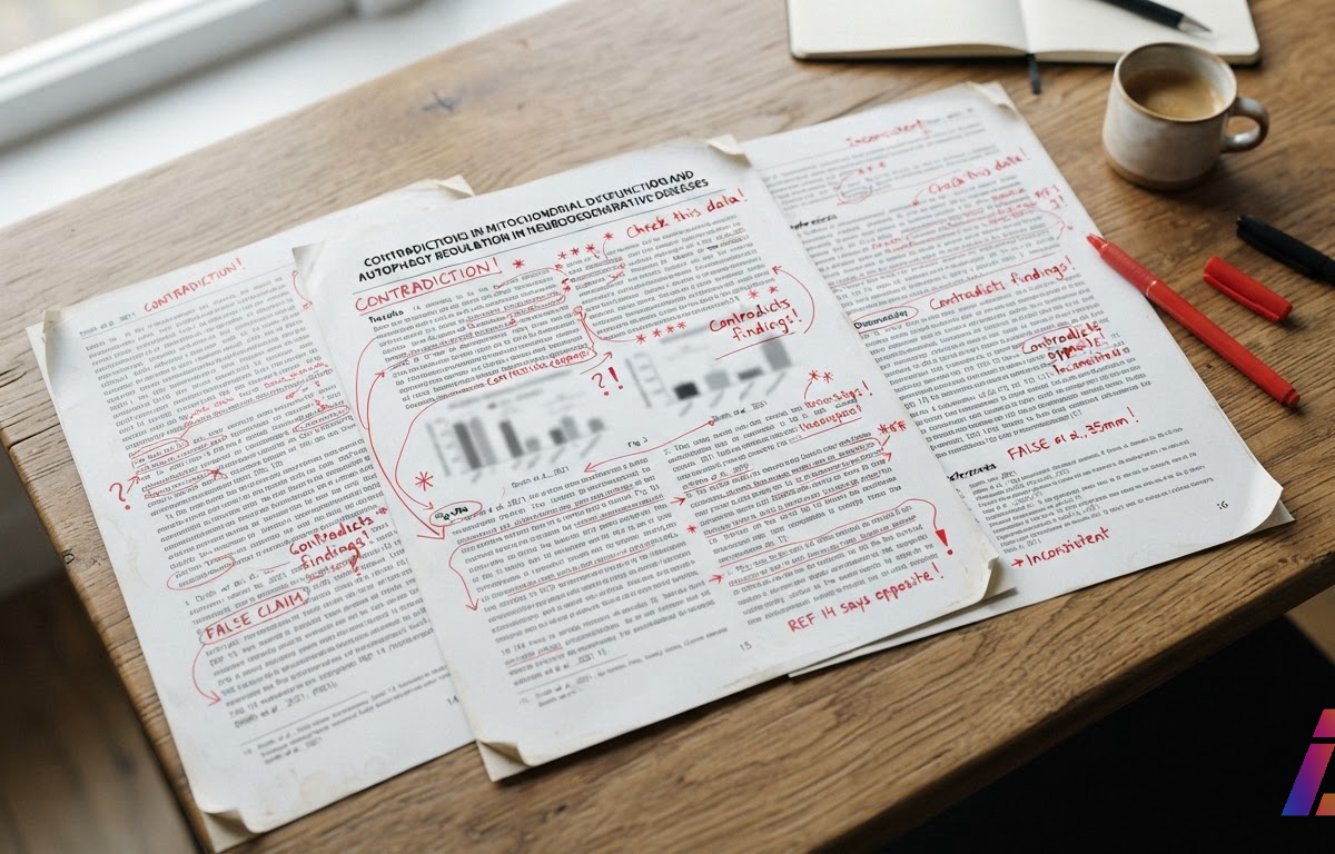 Páginas de um artigo científico impresso sobre mesa de revisão, com trechos do texto central marcados por camadas de anotações vermelhas indicando contradições, sob luz natural