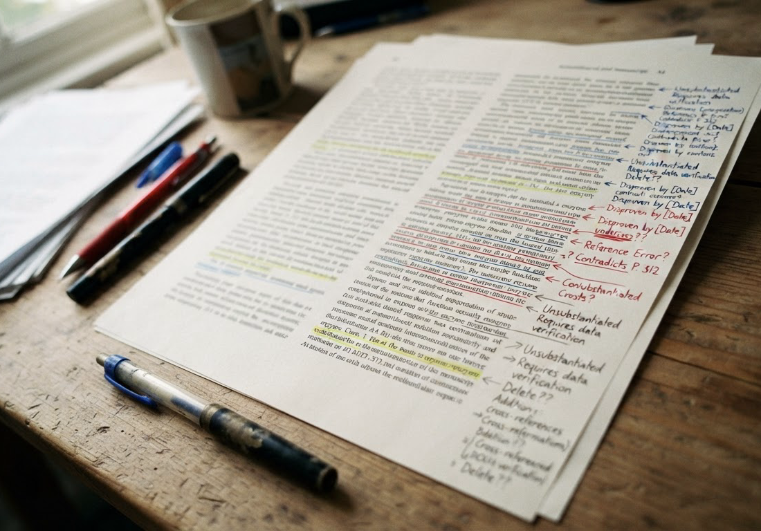 Manuscrito científico aberto sobre mesa de revisão editorial, com três camadas de anotações à margem sublinhando trechos contraditórios, sob luz lateral