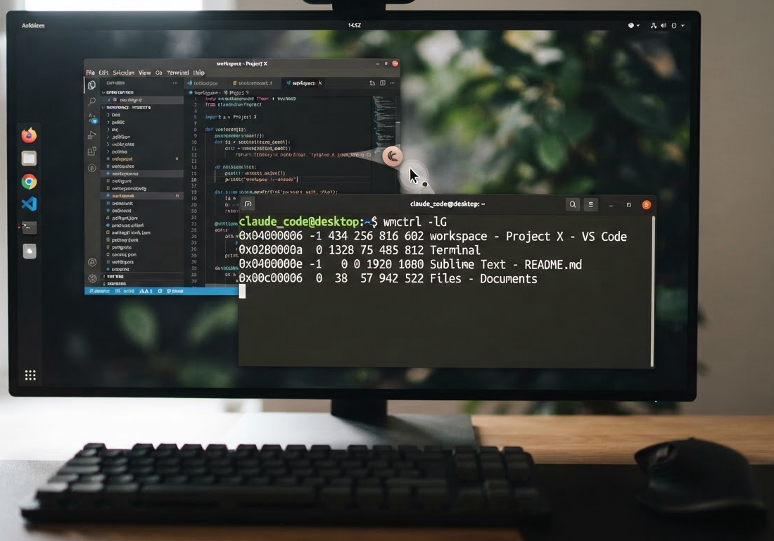 Close-up de tela de computador com desktop Linux, em que um cursor arrasta uma janela enquanto um terminal ao lado exibe em texto a estrutura das janelas abertas, sob luz suave