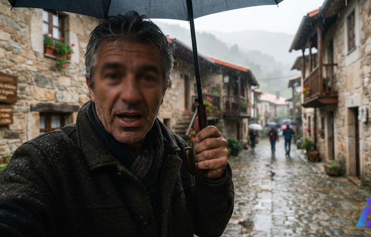 Rua de vila vista em primeira pessoa, com chuva começando a cair sobre o calçamento enquanto um morador, de rosto não identificável, fala voltado para a câmera