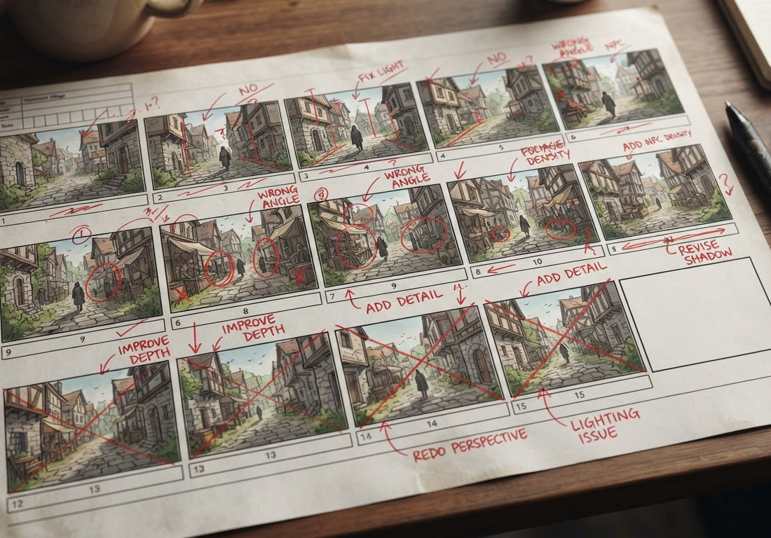 Storyboard impresso sobre uma mesa, com quadros sequenciais de uma rua de vila marcados por correções e anotações em caneta vermelha