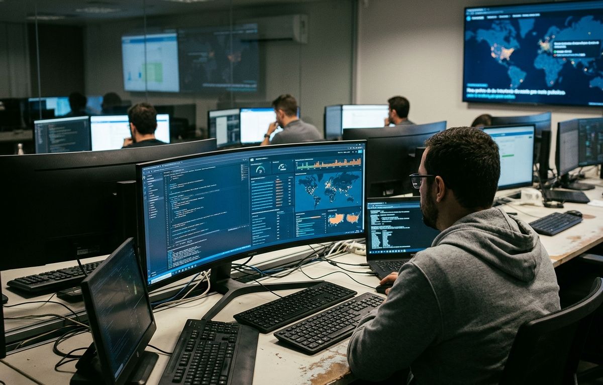 Monitores em ambiente corporativo de segurança cibernética exibindo fluxos abstratos de dados e métricas de controle digital.