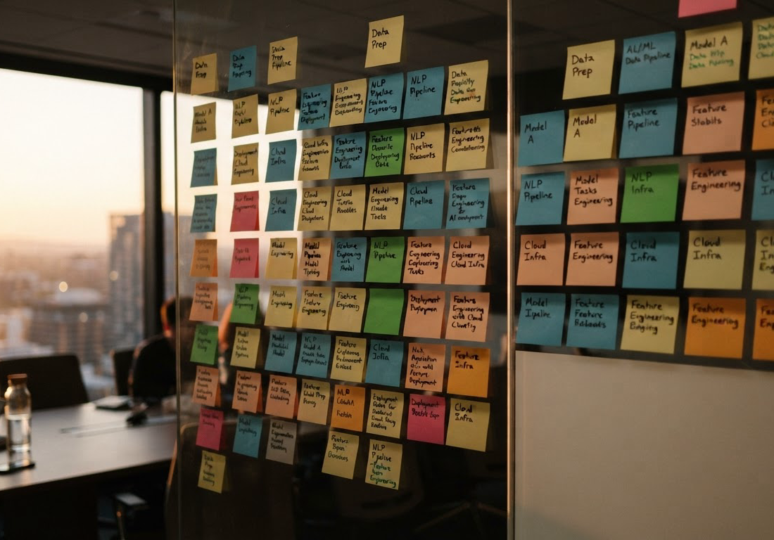 Quadro de vidro coberto de post-its em uma sala de reunião ao entardecer, com apenas alguns papéis marcados em verde entre muitos outros