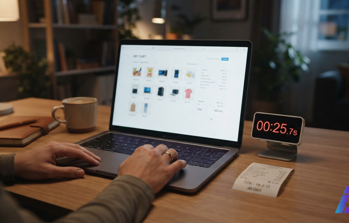 Tela de computador com carrinho de compras de loja online sendo preenchido, ao lado de um cronômetro digital e de um pequeno recibo impresso sobre a mesa, sob luz suave de escritório