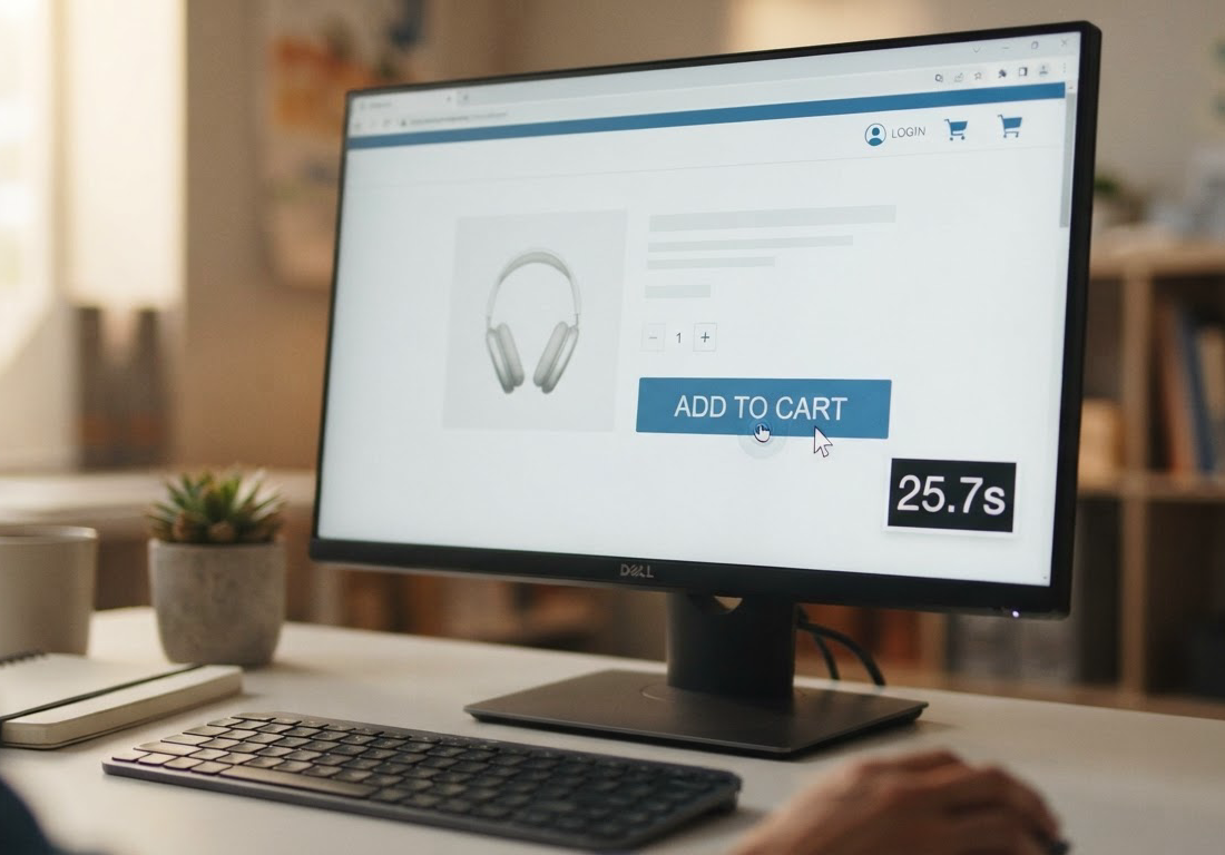 Cursor sobre o botão de adicionar ao carrinho em uma loja online aberta no monitor, ao lado de um cronômetro digital marcando 25,7 segundos, em escritório com luz suave