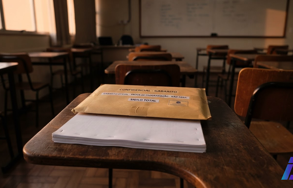 Envelope lacrado sobre folhas de prova de programação viradas para baixo em uma carteira escolar vazia, iluminada por luz lateral de fim de tarde