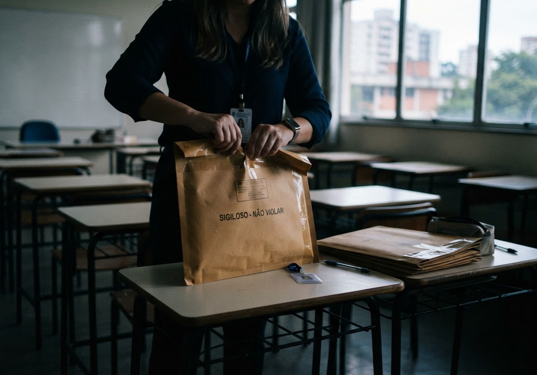Mãos de um fiscal rompem o lacre de um envelope pardo de provas sigilosas diante de fileiras de carteiras vazias de cursinho, iluminadas pela luz fria da manhã que entra pela janela.