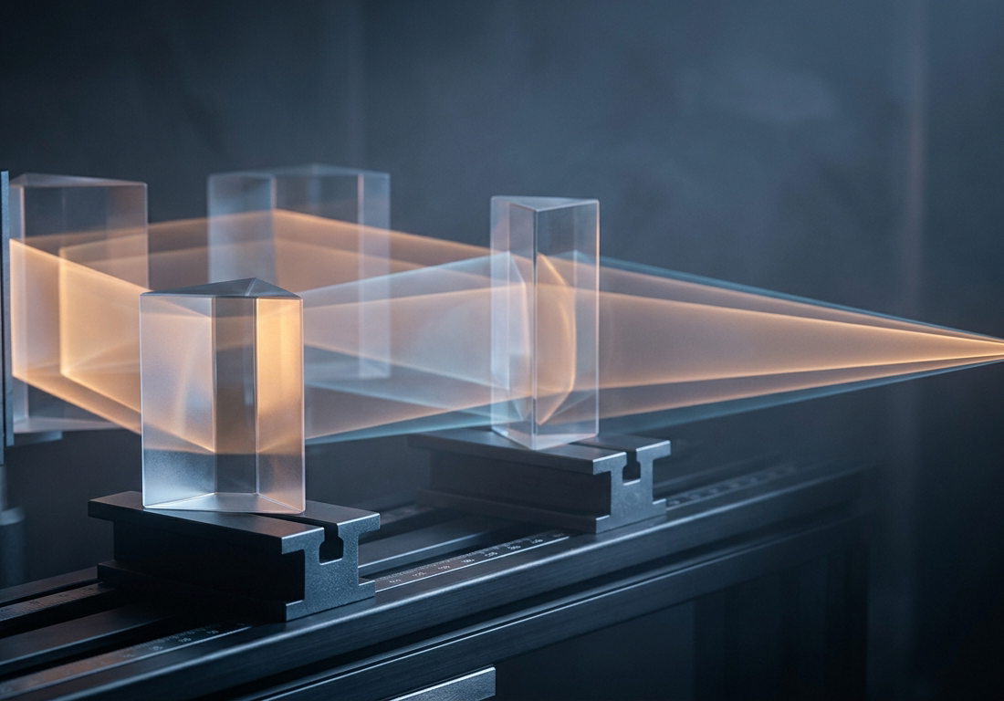 Prismas de quartzo alinhados sobre trilhos de metal em laboratório escuro, refratando feixes luminosos em ciclos até convergirem em um ponto focal nítido.