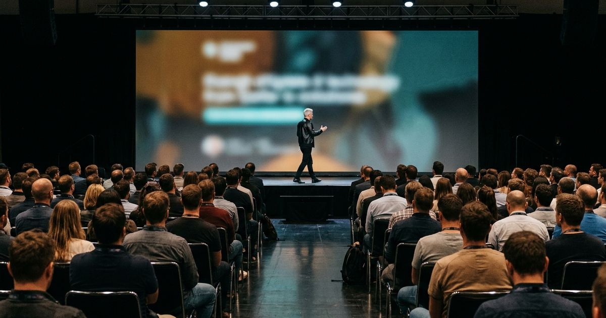 Palco de conferência de tecnologia com telão aceso ao fundo e plateia sentada vista de costas, em plano médio, sem rostos identificáveis