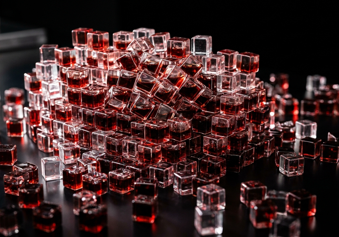 Fotografia em estúdio sobre fundo preto absoluto mostra uma massa tridimensional de milhares de pequenos cubos transparentes de acrílico dispostos em grade irregular, densa no centro e rarefeita nas bordas, sugerindo um corte de tecido. Cad