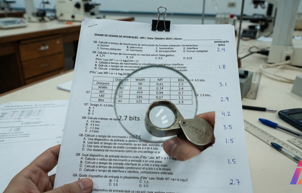 Close de página de exame impresso com perguntas e valores numéricos de dificuldade anotados à margem, lupa sobre tabela e luz fria de laboratório, com canto inferior direito livre
