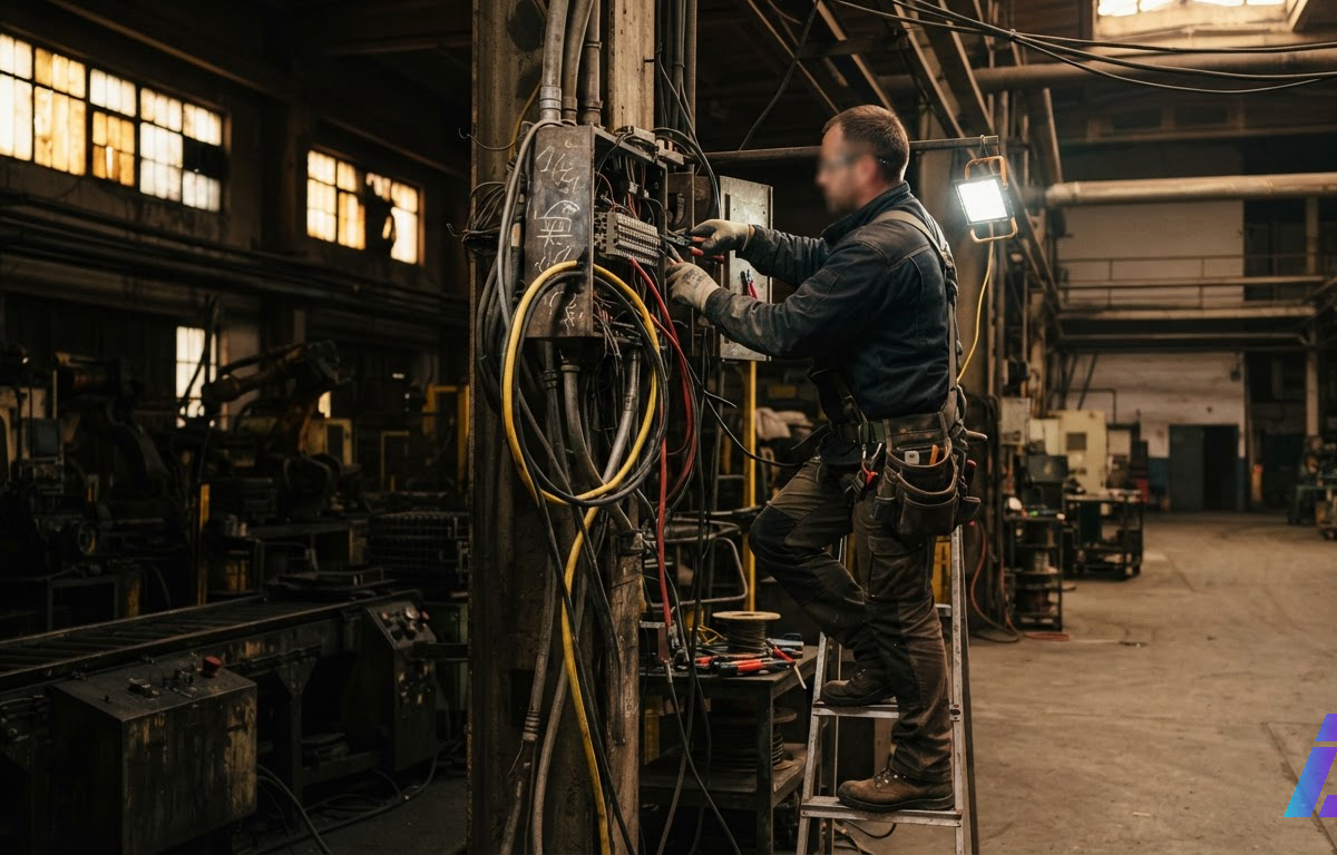 Eletricista instala novo cabeamento em uma linha de montagem antiga de galpão industrial, com parte das máquinas desligadas e luz de fim de tarde entrando pelo ambiente