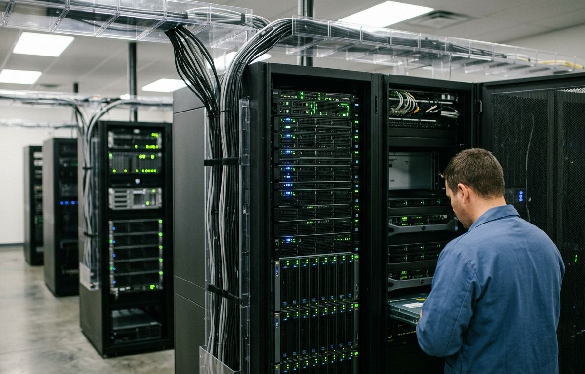 Racks de servidores em data center corporativo moderno com luzes indicadoras acesas e iluminação clara e sóbria
