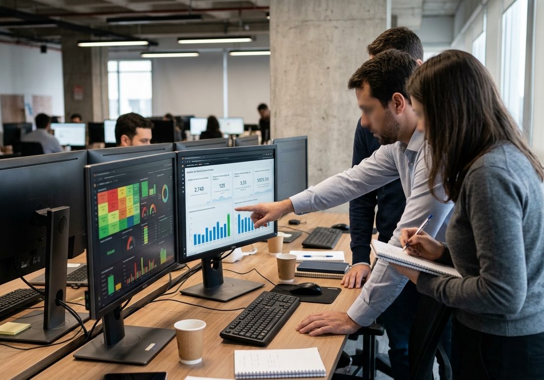 Profissionais de tecnologia em escritório moderno observam monitores que exibem relatórios de sistemas e métricas de desempenho corporativo.
