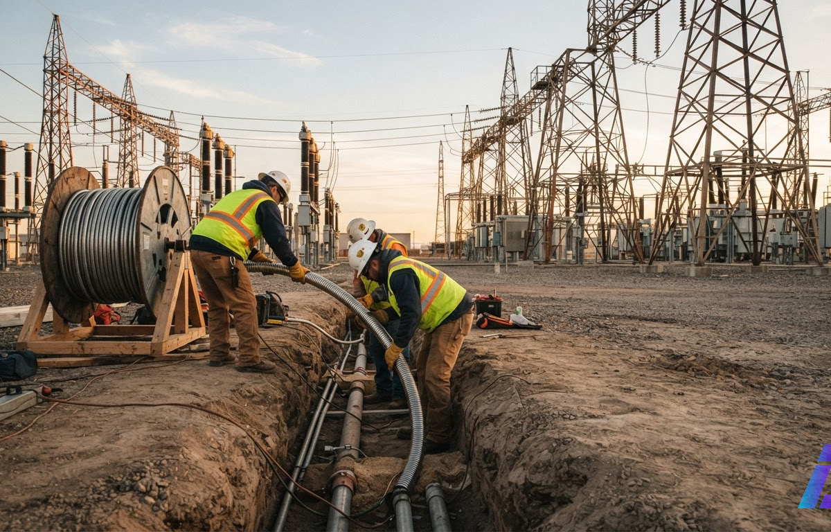 Técnicos de capacete e colete refletivo desenrolam um cabo grosso de um grande carretel dentro de uma vala em subestação elétrica, cercados por antigas torres de transmissão metálicas sob a luz dourada do fim de tarde.