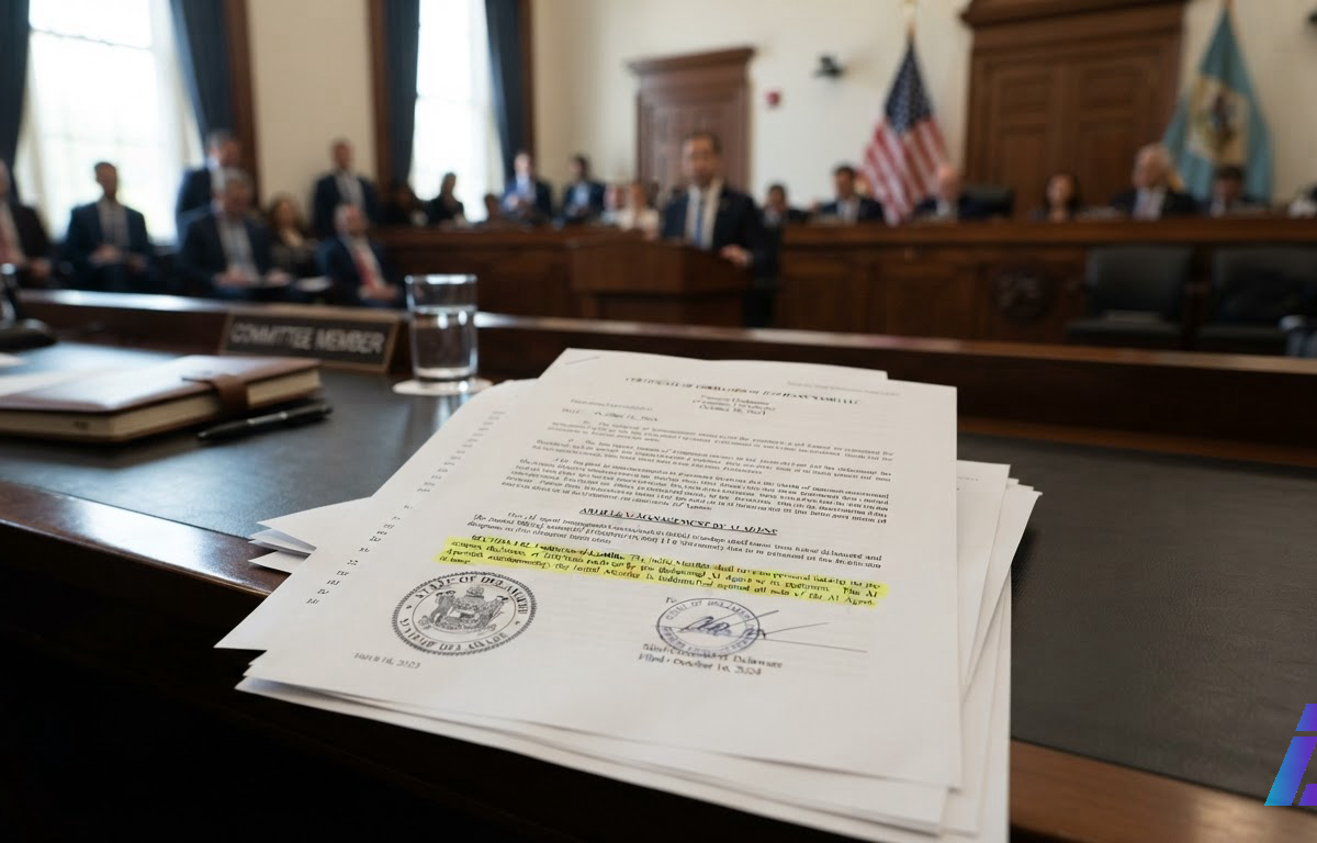 Documento impresso de uma minuta legislativa com um trecho destacado por marca-texto amarelo, sobre mesa de madeira escura em sala de comissão, iluminado por luz lateral que projeta sombras suaves
